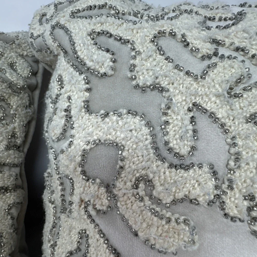 2 Pier 1 Coral Reef Beaded Throw Pillows gray ivory beach coastal nautical ocean